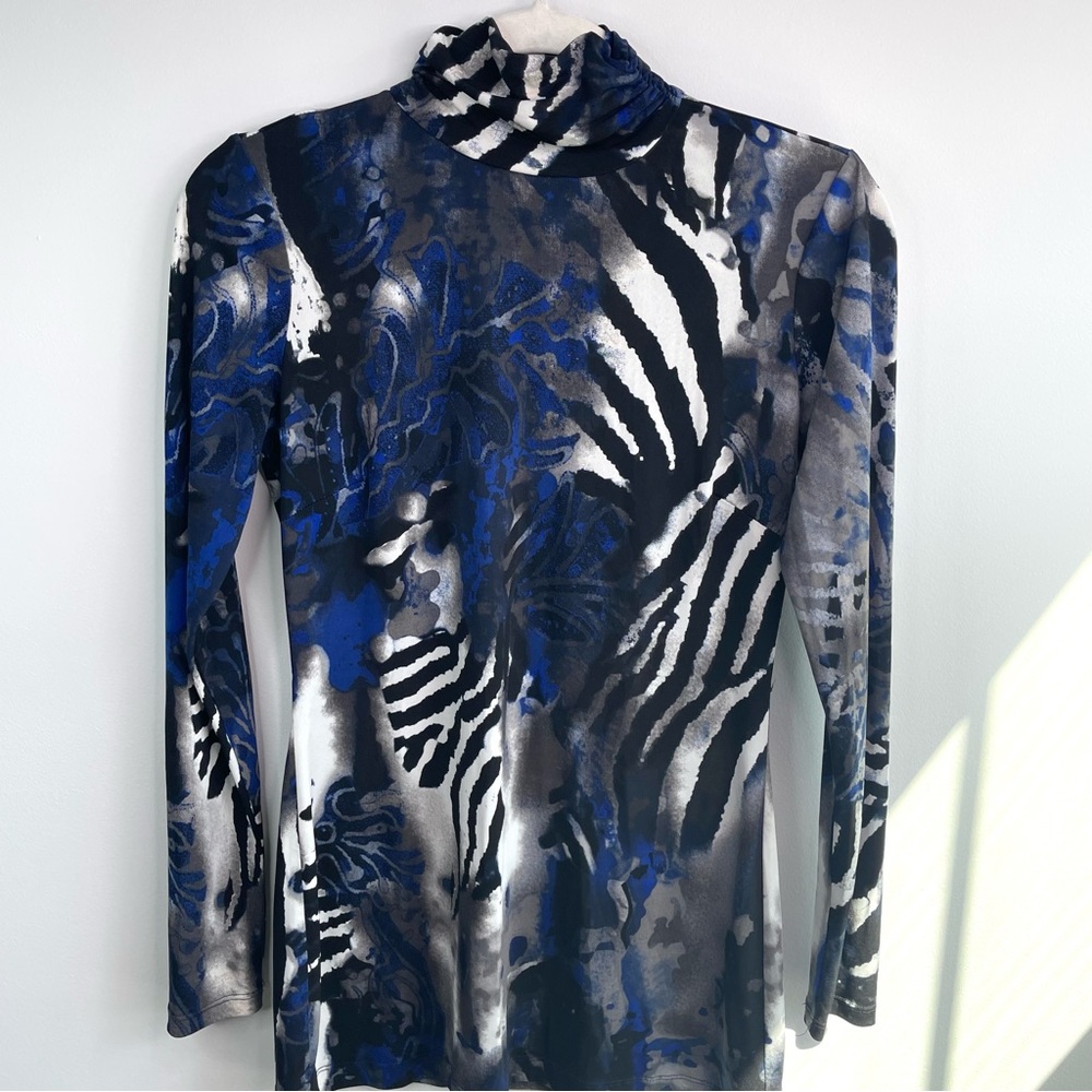 Cache Blue and Black Abstract Print Women's Top Mock Neck Key Hole Back Size S